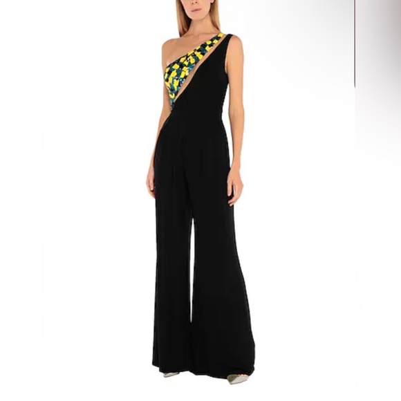 Elisabetta Franchi Black Mesh Details One Shoulder Long Jumpsuit Women's NWOT 38